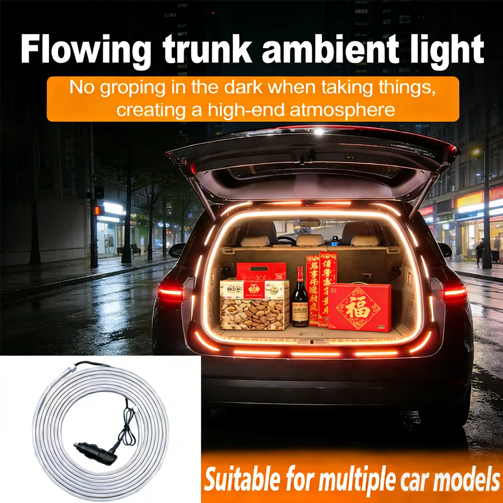 RGB Flowing Trunk Ambient Light 64 Colors APP Remote Dual Control Dynamic Rhythm LED Strip 110 140cm Car Interior Tailgate Decor