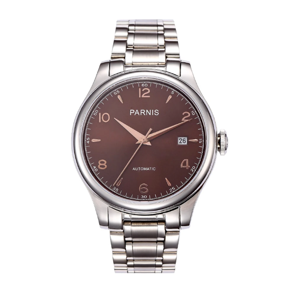 38mm Parnis Miyota Relógio Masculino Automático Pulseira de Aço Inoxidável com Vidro Safira