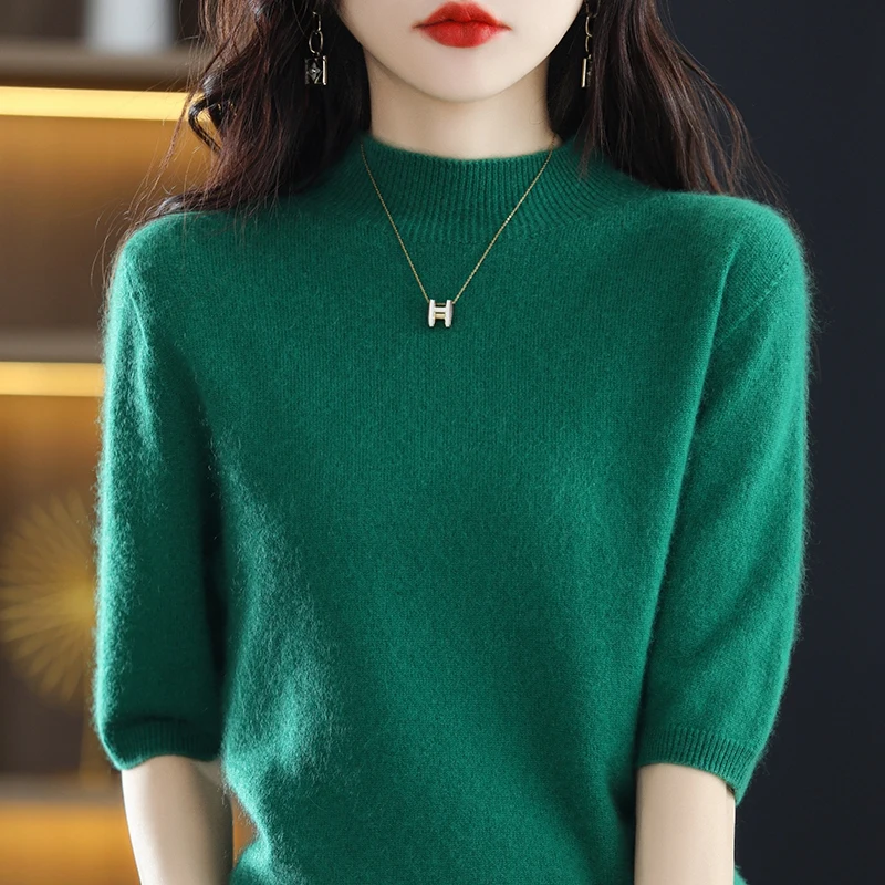 Seamless Cashmere Sweater Knitted Women\'s Clothing 100% Pure Wool Short-Sleeved 2022 Spring Five-Quarter Sleeve Fashion Pullover