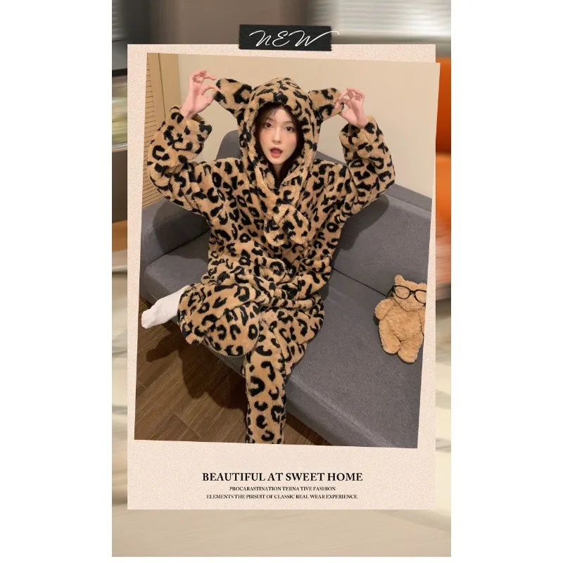 

Осень-зима женская ночная рубашка из кораллового флиса с леопардовым принтом толстая теплая свободная пижама с капюшоном ночные рубашки плюшевая мягкая повседневная домашняя одежда