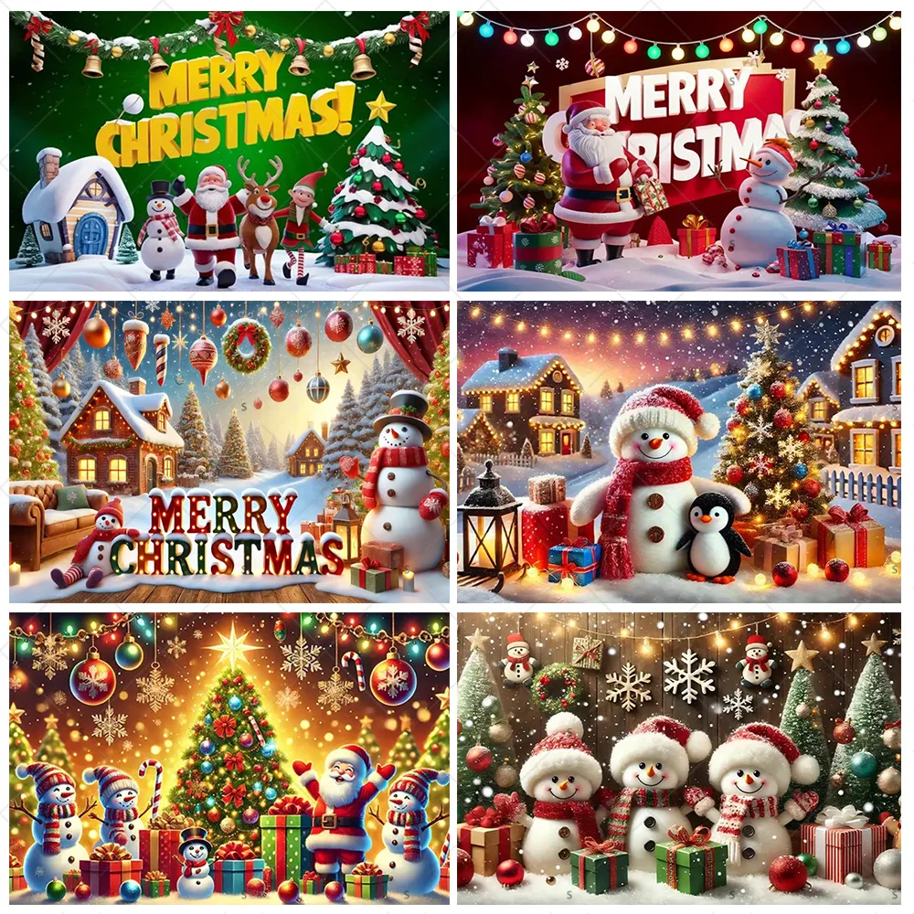 

Winter Snowman Background Merry Christmas Party Decor Santa Claus Reindeer Xmas Tree Photography Backdrop Supplies Photo Studio