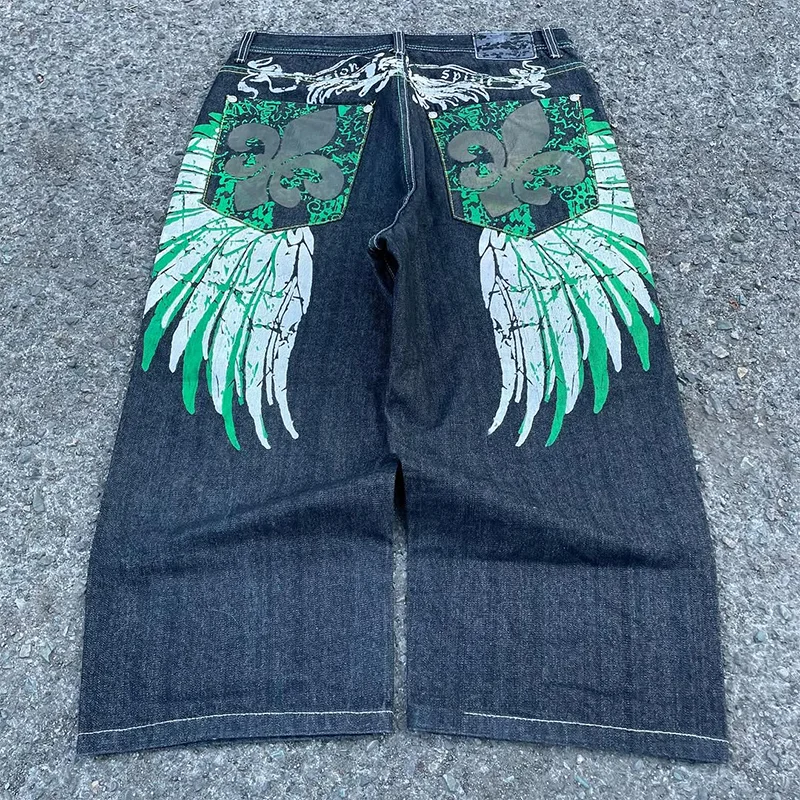 

American New Fashion Trend Oversize Wing Pattern Print Jeans Y2K Hip Hop Men Women Vintage Loose Wide Leg Pants Punk Streetwear