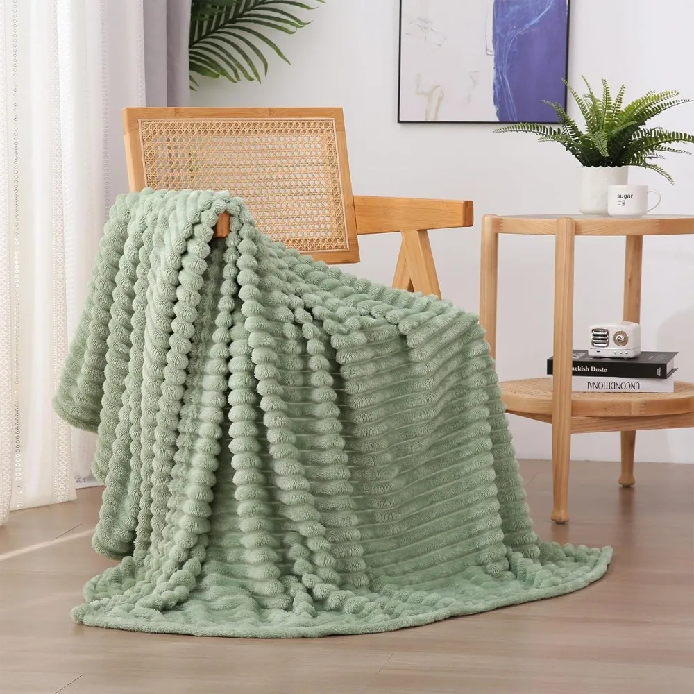 

Sage Green Fleece Throw Blanket 50”×60” for Couch Sofa Bed,Super Soft Cozy Plush Microfiber Flannel Blanket with Stripes Design