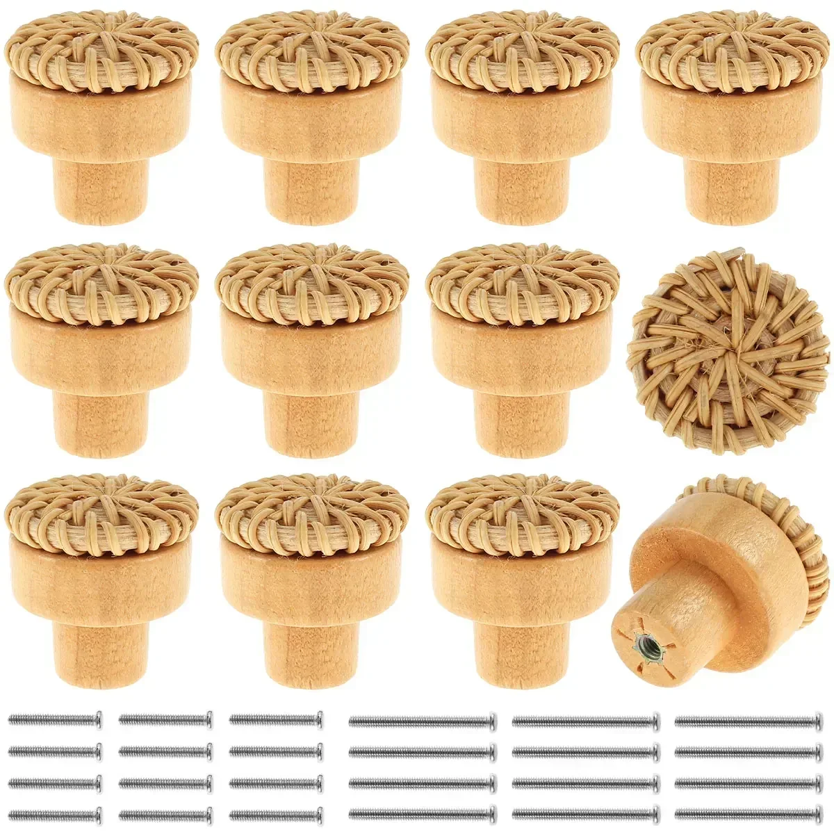 

12/70Pcs Rattan Drawer Knobs Set DIY Handmade Cabinets Dresser Wooden Handles Multipurpose Woven Furniture Pulls With Screws