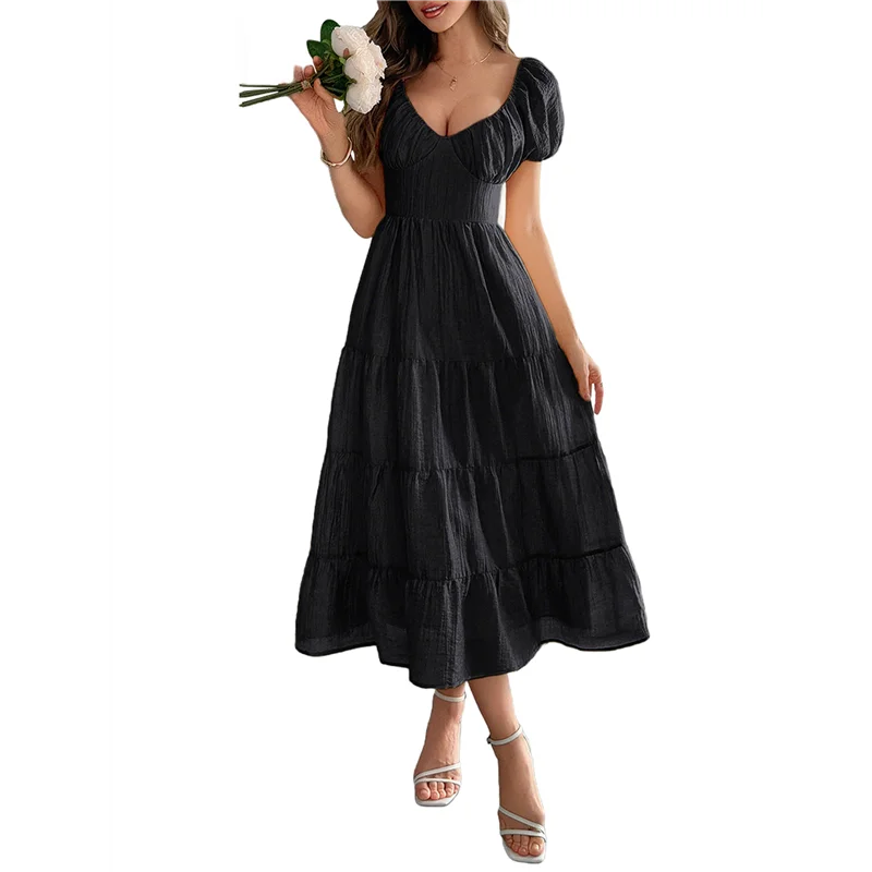 NUOVO-Abito longuette casual estivo da donna Abiti gonfi a maniche corte con scollo a V e volant a strati