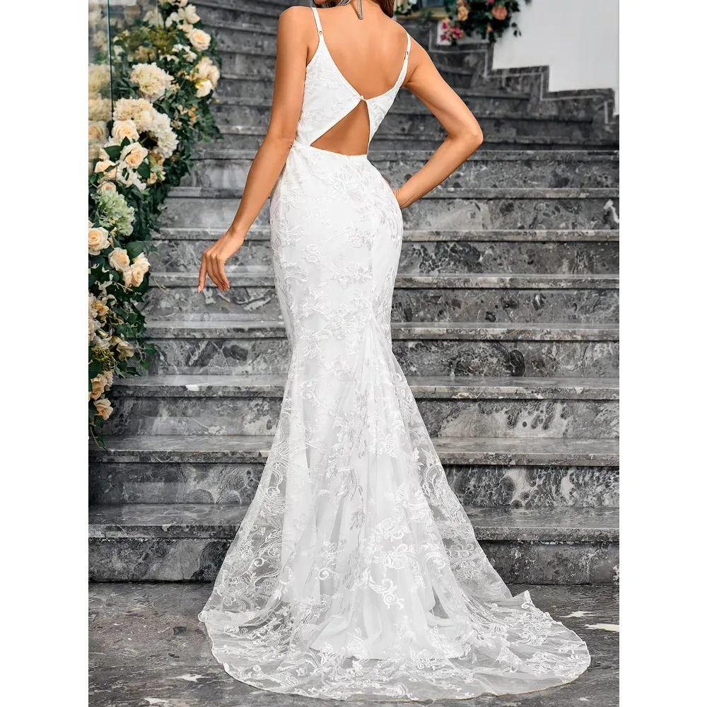 2025 Summer Elegant Female Vestidos White Lace V Neck Spaghetti Strap Bodycon Evening Dress Women Sexy Backless Club Party Robes