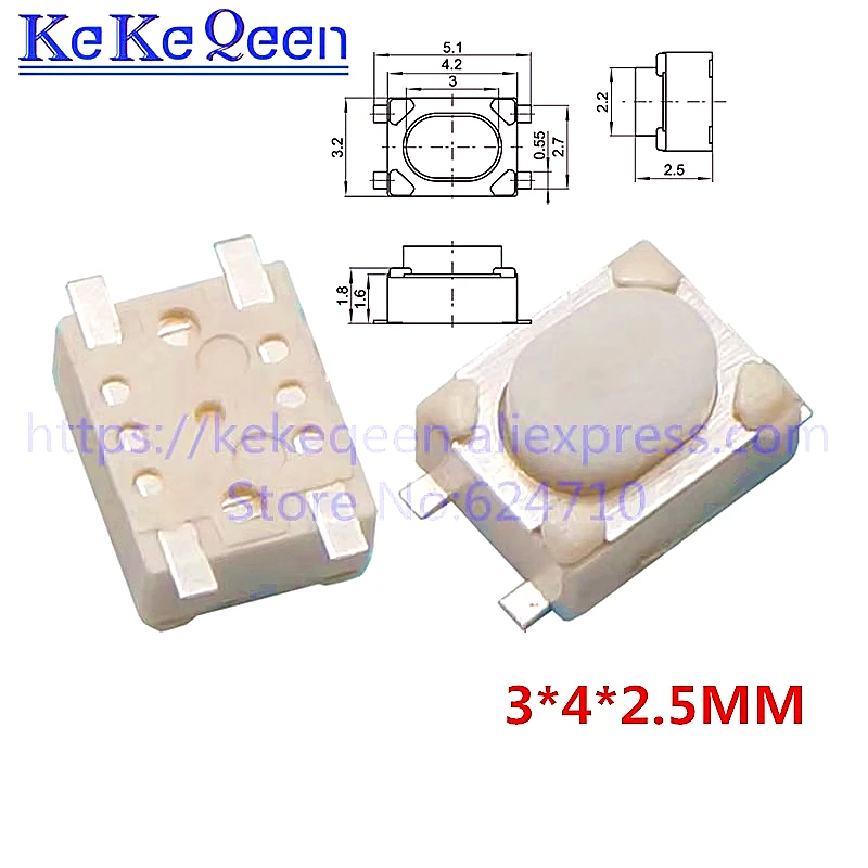 100PCS/Lot K-3X4 3*4*2.5mm SMD Tact Switch 4Pin Touch Switch Push Button Switch 3x4x2.5 White Button Car Remote Key Button