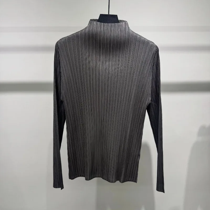 Miyake Pleated Half-High Collar Long Sleeve T-Shirt 2026 New Simple Casual Fashion Base Shirt Stretchy Women's Lightweight Top