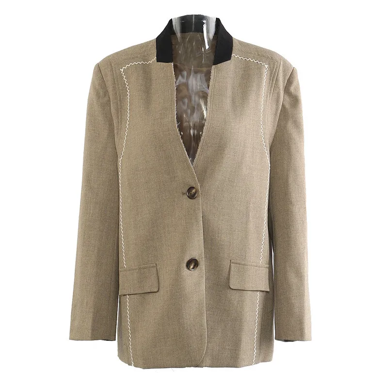 YERMORA Khaki Patchwork Burr Casual Blazer For Women V-Neck Long Sleeve Loose New Jacket Fashion Tide Spring Autumn 2025