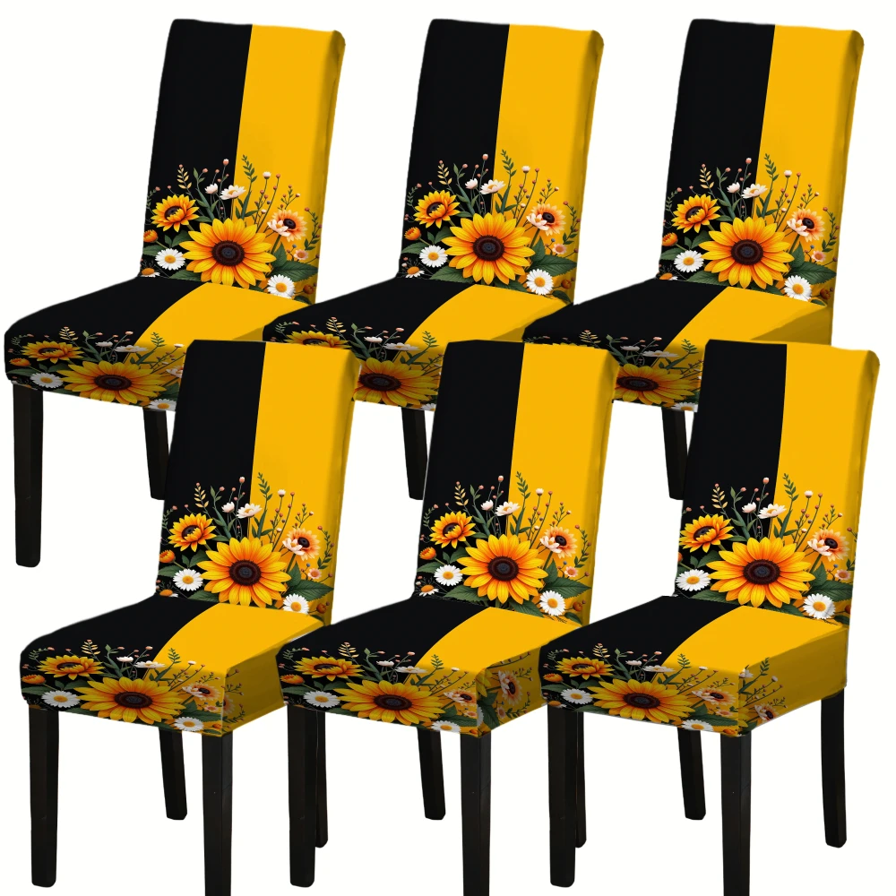 4/6 قطعة غطاء كرسي مرن نمط عباد الشمس تمتد غرفة الطعام مقعد حامي أصفر أسود الأزهار الأثاث يغطي مجموعة #3