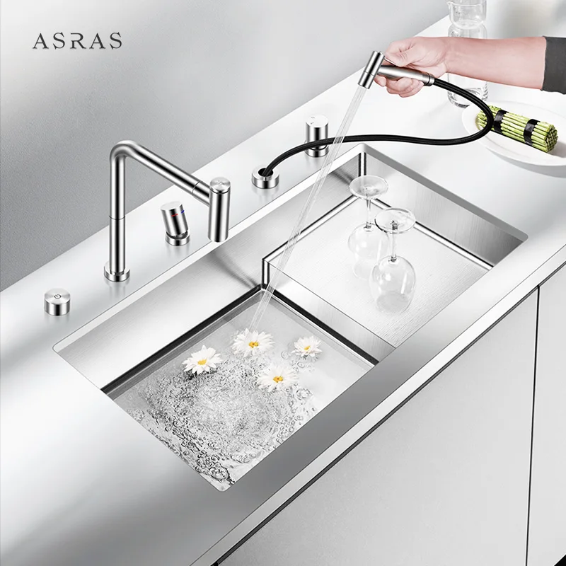 Asras 8042j  SUS304 handmade kitchen sink hidden  lids covered  fine brushed with drainer and  tap 