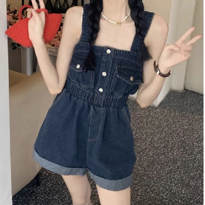 Rolled edge work backpack denim shorts female 2024 summer new retro design sense high waist loose thin wide leg pants