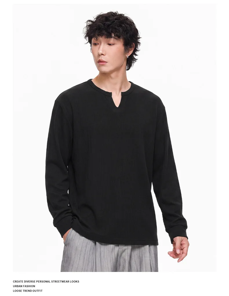 PFNW Versatile Solid Color Casual Base Shirt Men's V Neck Textured Long Sleeve T Shirt 2026 Autumn New Tide 28L3528