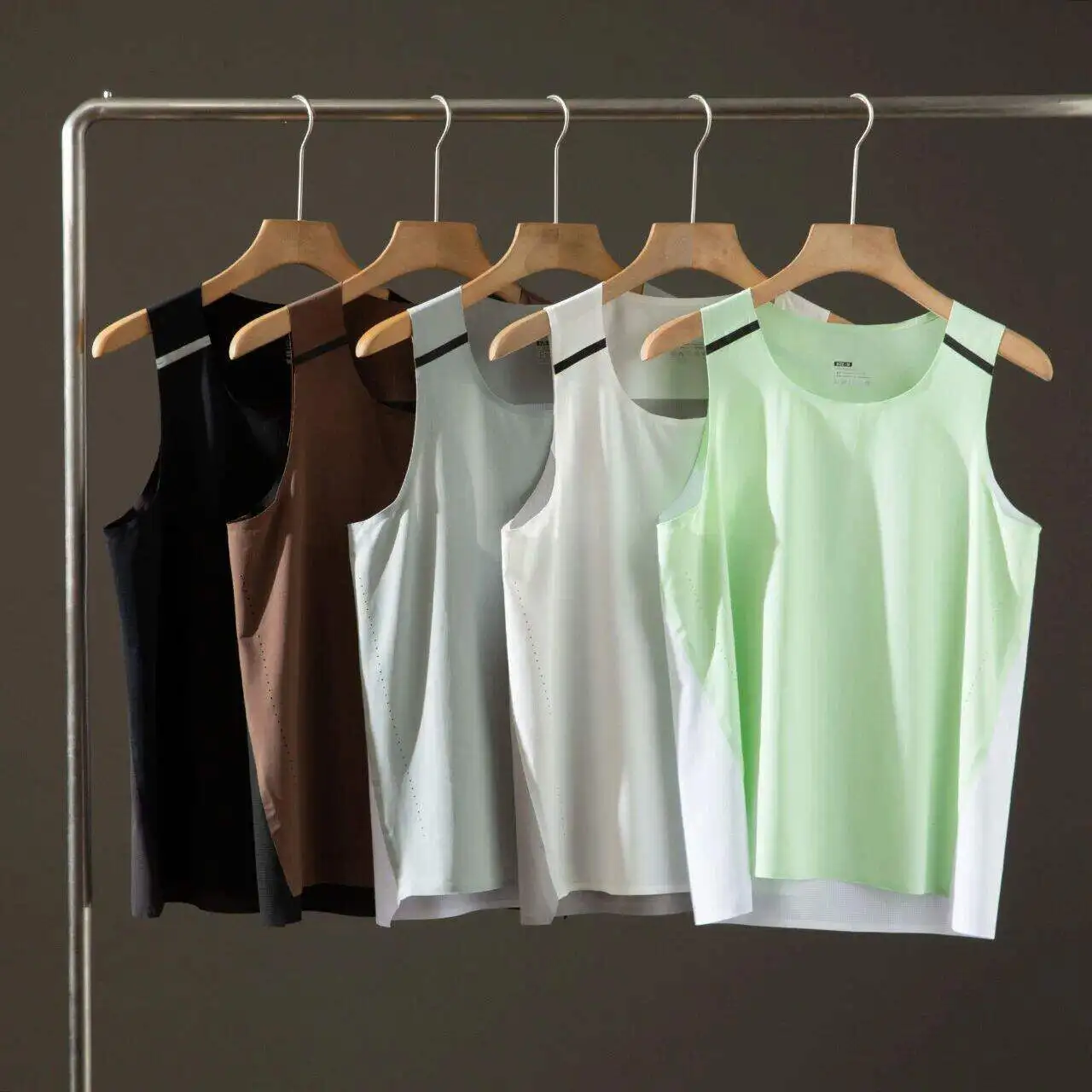 Men's Fitness Tank Top Quick Dry Laser Drilled Breathable Seamless Cut Outdoor Sports Vest Standard Fit Nylon Spandex Blend
