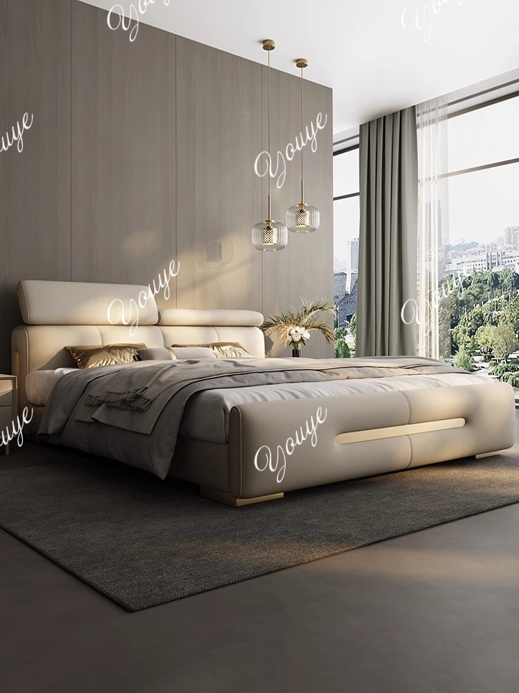 

Modern light luxury high-end floor-to-ceiling low bedside leather bed master bedroom simple wedding bed multi-function