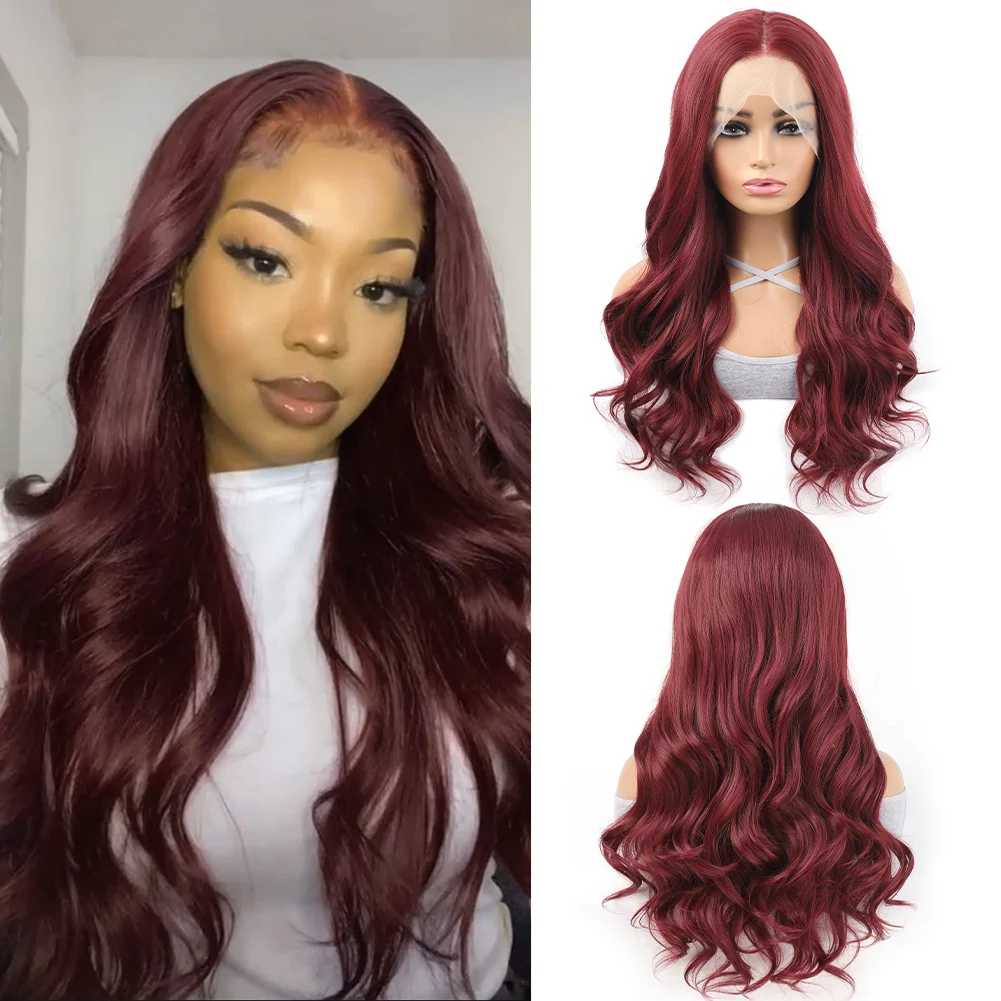 

Бордовый парик Синтетический парик фронта шнурка 13x4 Парики фронта шнурка Объемная волна 99J Парики для чернокожих женщин