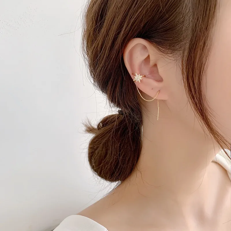 Ear Bone Clip and Ear Wire Integrated Long Tassel Earrings Micro Pave Zircon Bow Cross Half Circle Ear Clip for Women Party Use