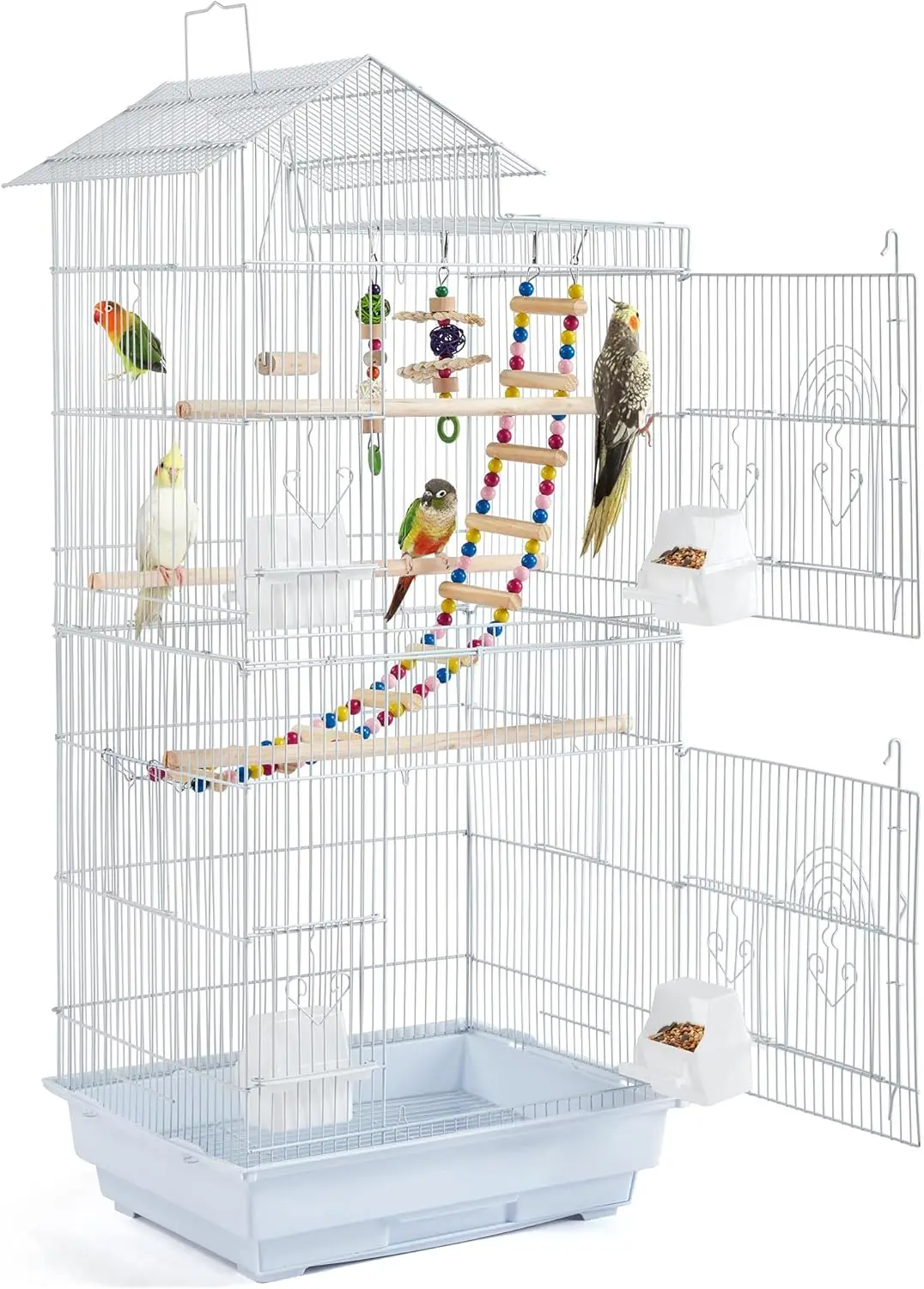 Conures Finches Budgies Canaries Lovebirds Parakeets Green Cheek Small Birds Parrots, Travel Flight Birdcage w/Toys, White