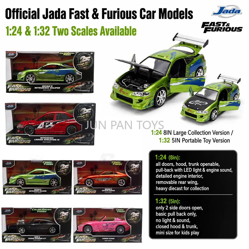 Modelo de Auto a Escala 1:24 de Jada Fast Furious 25th Anniversary, Lancer Mitsubishi Skyline Toyota 1:32 Honda, Juguetes Coleccionables