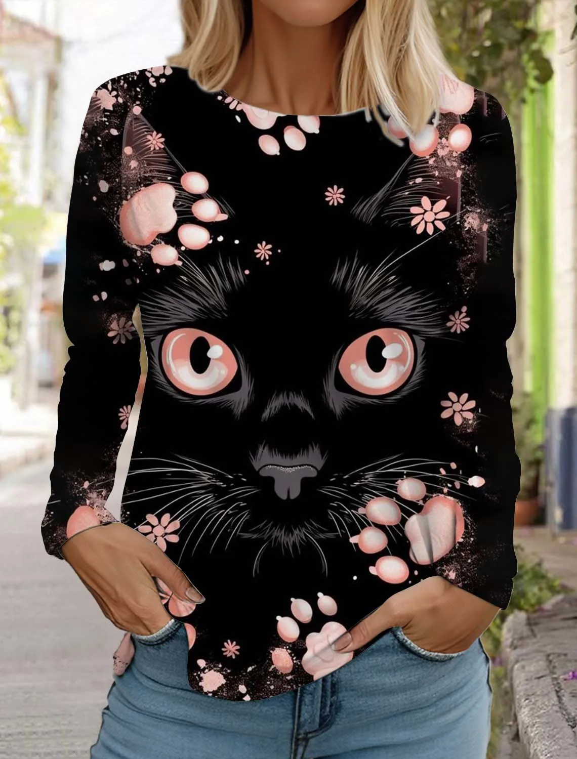 

Christmas Cute Cat Women's Long Sleeves T-Shirt Long Sleeved Autumn Animal Clothing Holiday Gift Clothing Fashion Party T-Shirt