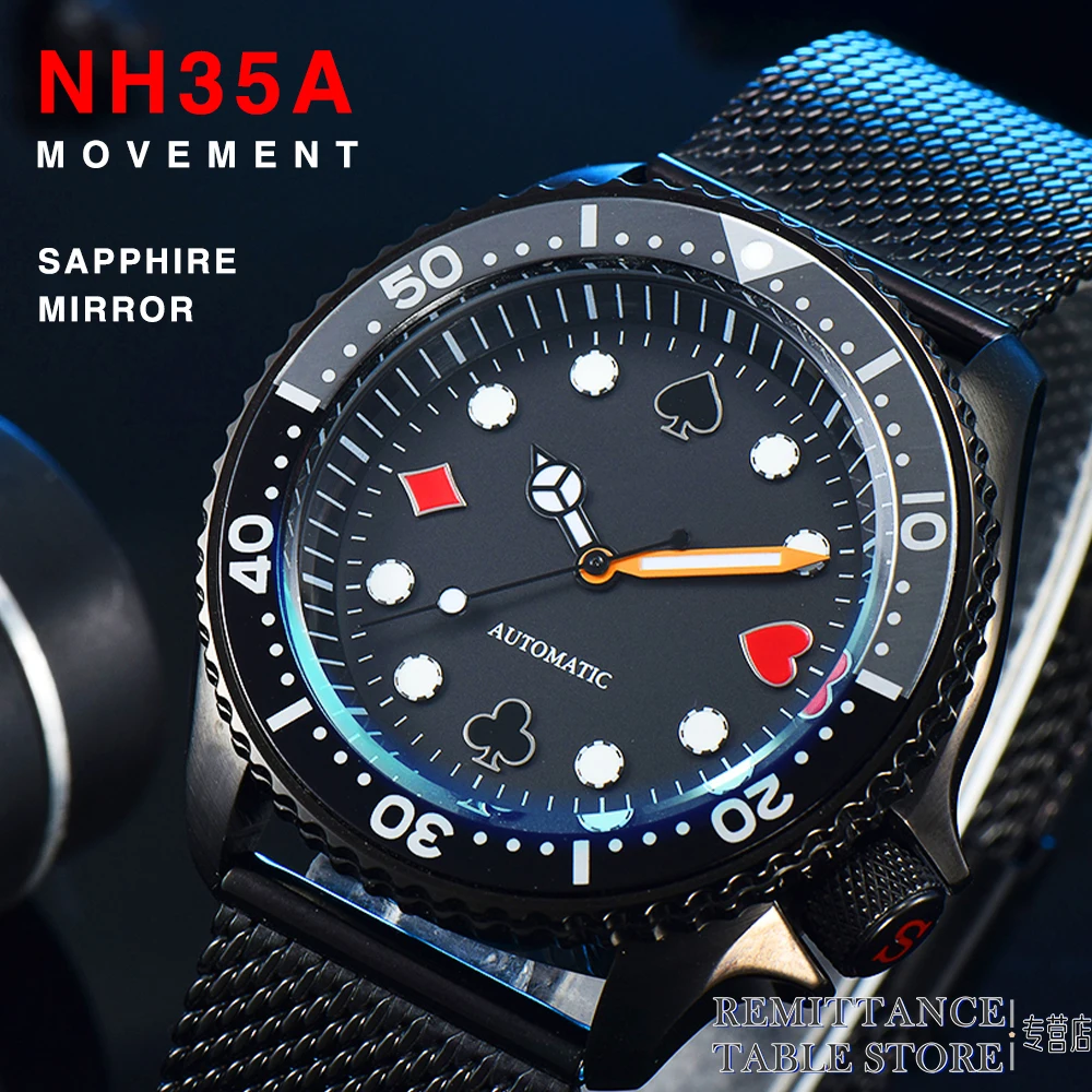 Men\'s Watch Japan NH35 Automatic Mechanical Sapphire Glass Poker Dial Waterproof Stainless Steel Diving Luxury Clock