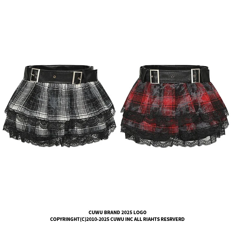 Cuwu Y2K 밀레니엄 펑크 검정과 빨강 격자 무늬 a 라인 미니 스커트 여성용 여름 스트리트 스타일 레이스 하프 길이 스커트