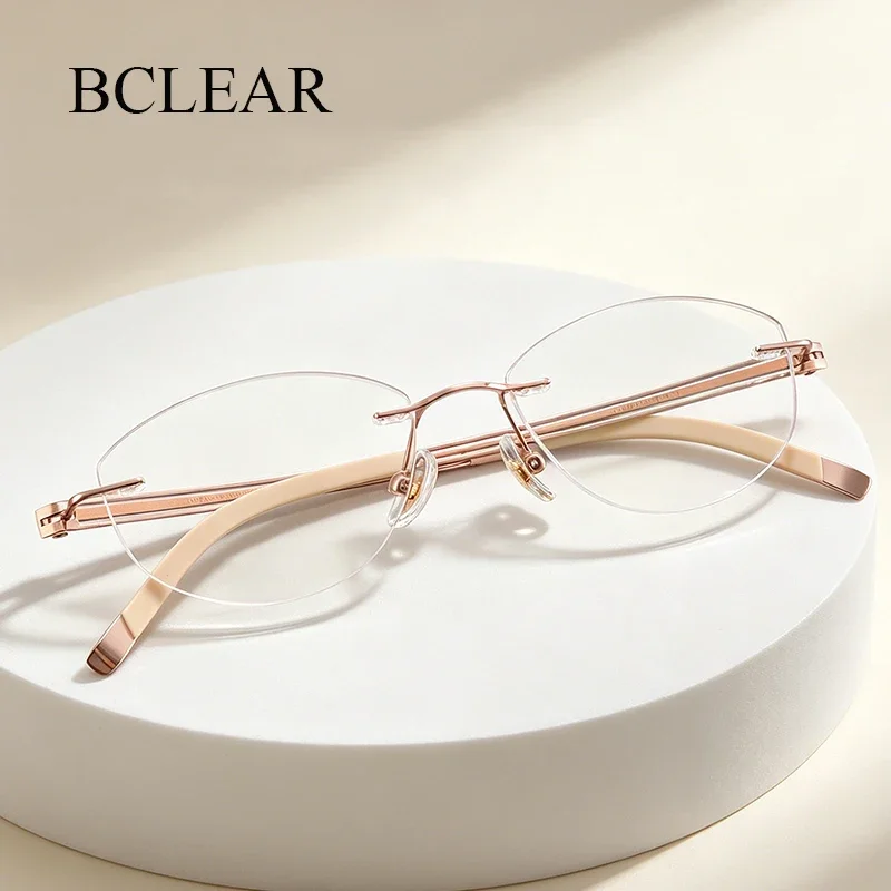 BCLEAR Rimless Rose Gold Eyewear Lightweight Oval Cat Eye Titanium Glasses for Women Optical Eyeglass Frames 6123
