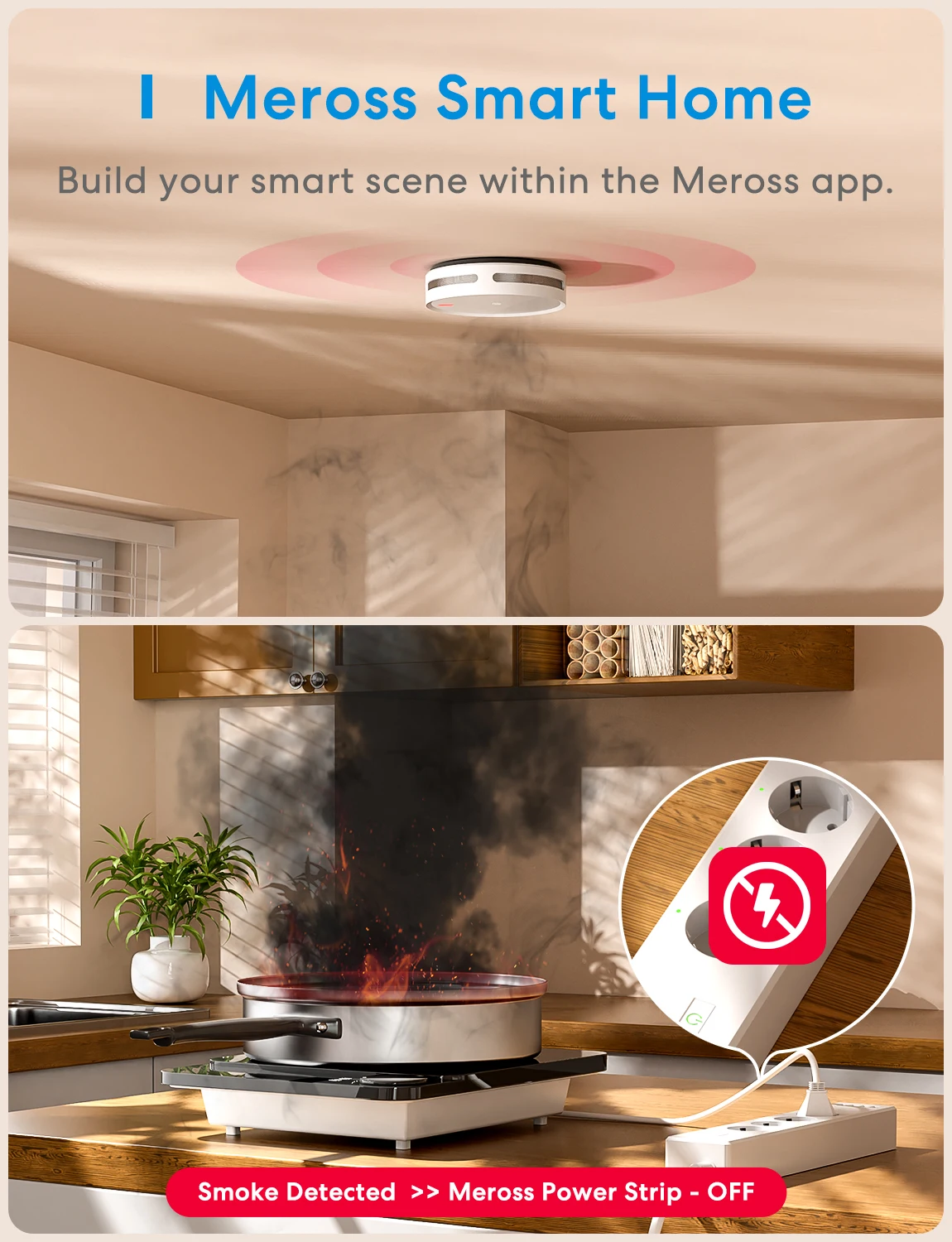 Meross wifi Smart Smoke Detector MA151 With Built-in 10 Year Battery Alarm Sensor Work With Matter Alexa Smartthings