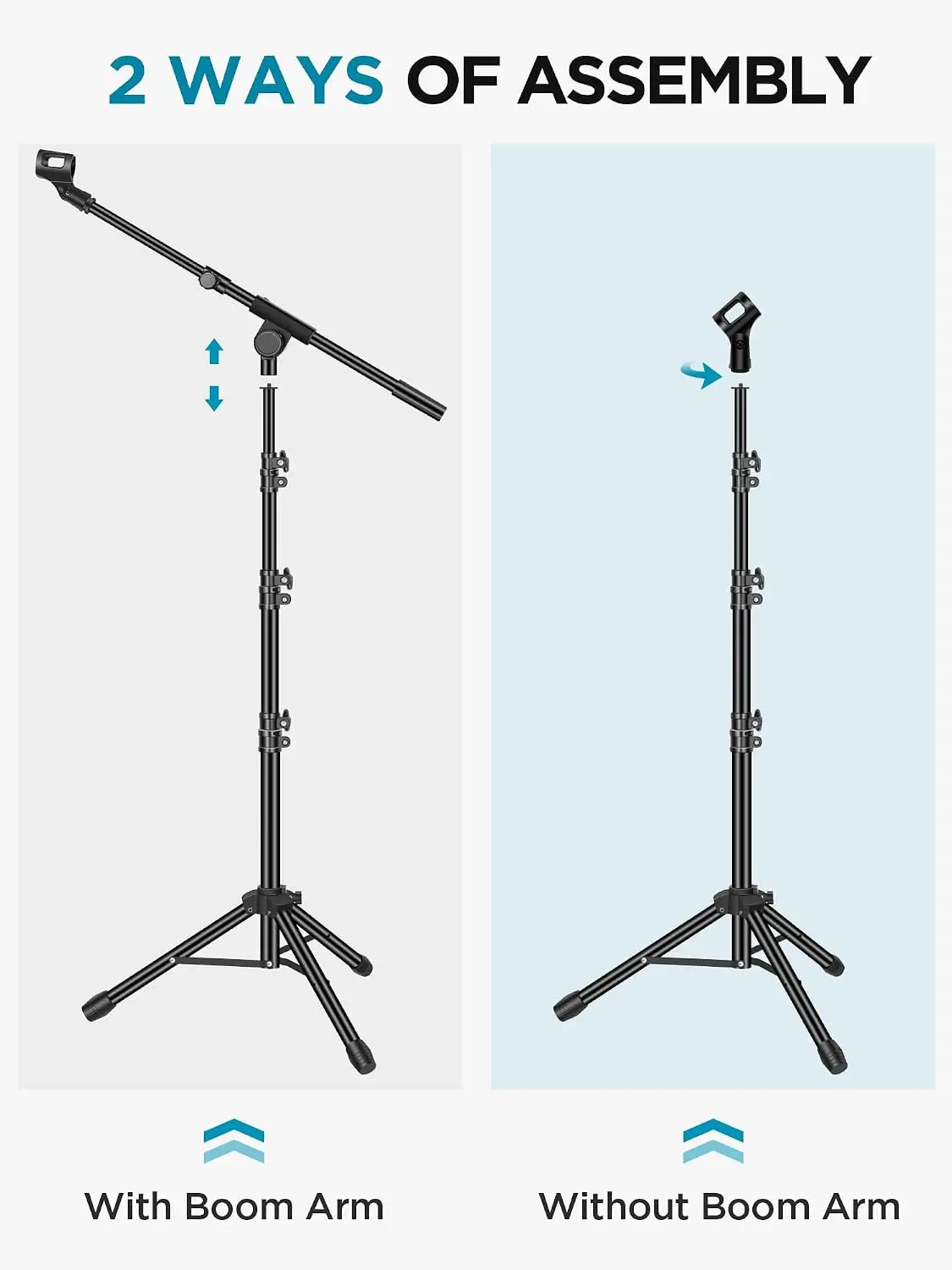 2 Pack Microphone Stand with Boom Arm, Adjustable Tripod Floor Mic Stand for Singing Podcast, Compatible with Blue Yeti Shure SM58 SM48 view 6