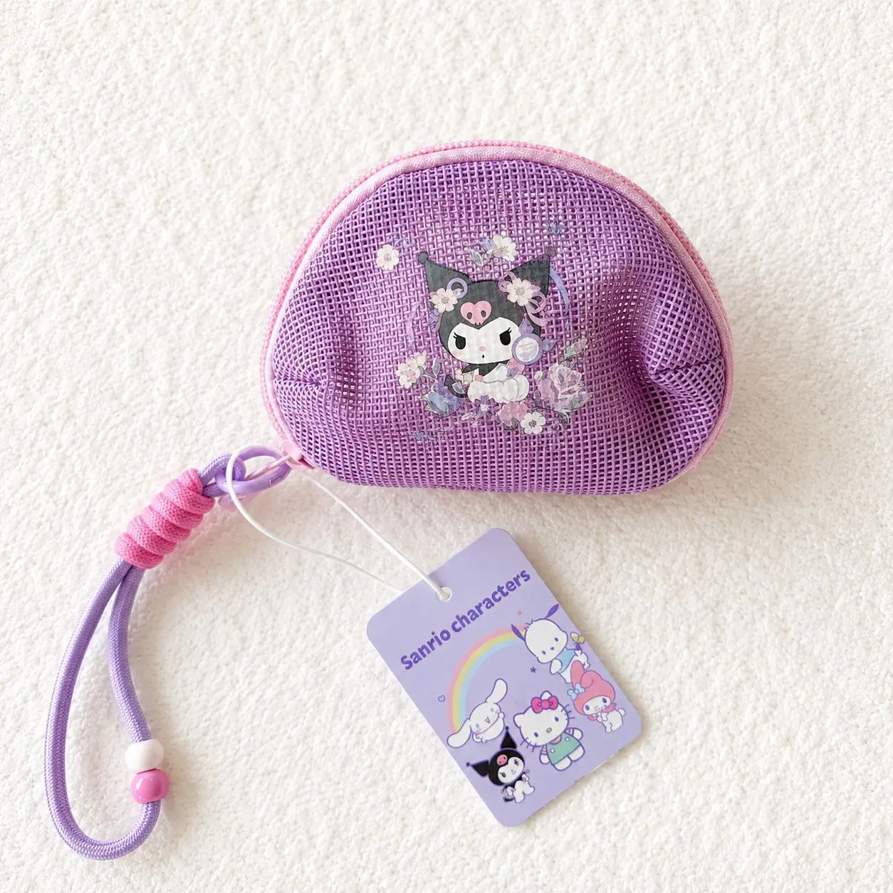 Sanrio Kawaii Mini Mesh Portemonnee met Handriem Hello Kitty Kuromi My Melody Kleine Rits Portemonnee voor Munten en Oordopjes