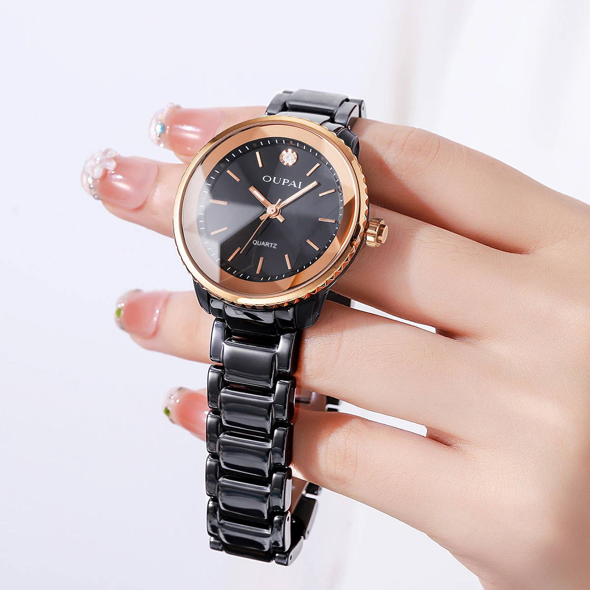 

Часы Oupai, женские черные керамические японские кварцевые часы, модные простые светящиеся стрелки