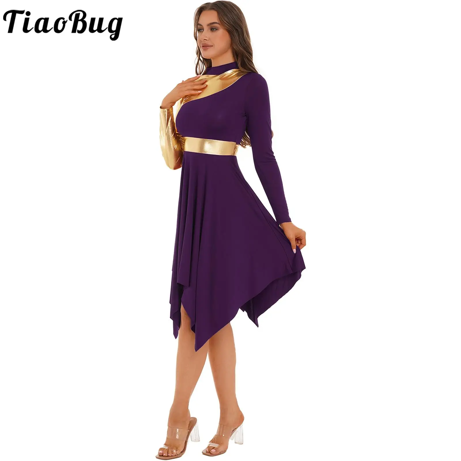 Women Lyrical Dance Costume Round Neck Long Sleeve Color Block Metallic Belt Irregular Hem Dresses Tango Dance Costume