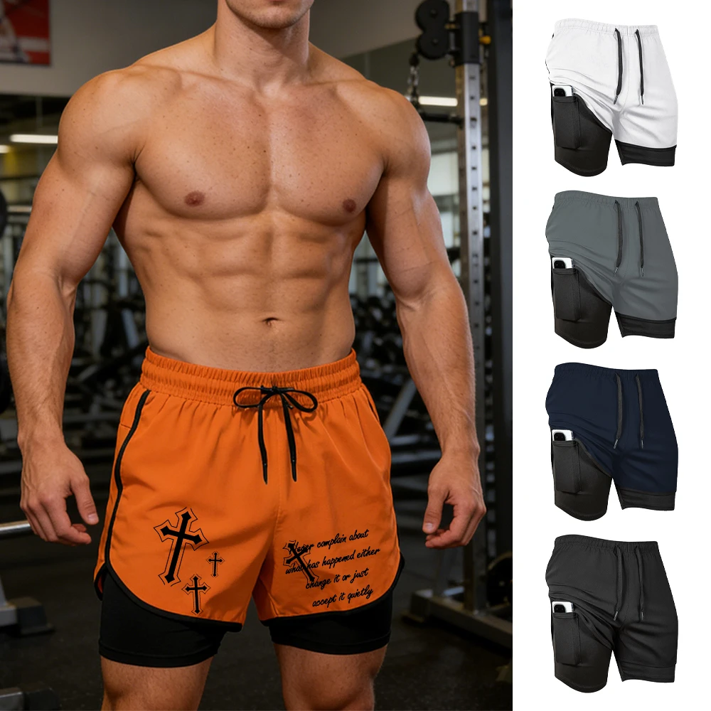 

Men's Quick Drying Athletic Shorts With Cross Print 2 In 1 Casual Beach Shorts Suitable For Outdoor Fitness And Cycling
