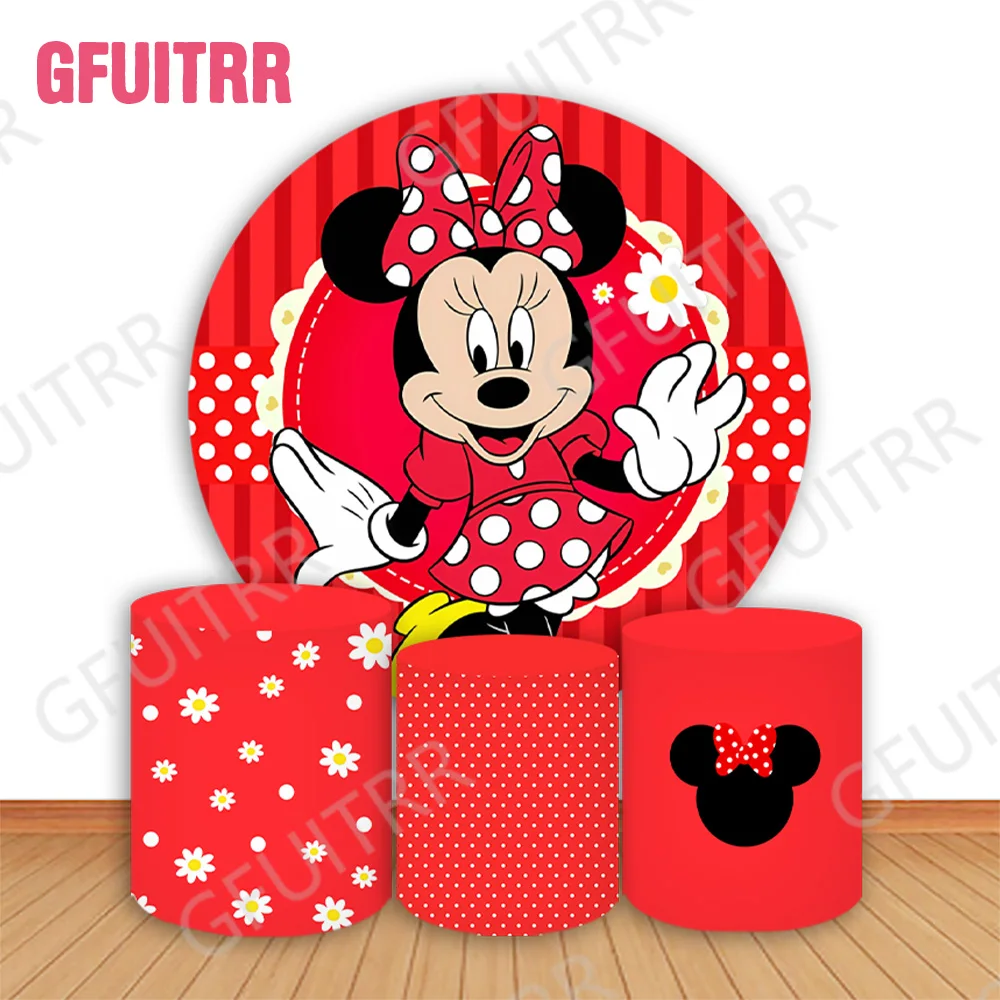 Cartoon Minnie Mouse Red Round Backdrop Girls Birthday Party Decoration Baby Shower Circle and Cylinder Covers Photo Background