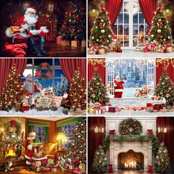 Christmas Photography Background Window Curtain Fireplace Winter Snow Night Xmas Tree Kids Family Portrait Decor Photo Backdrop