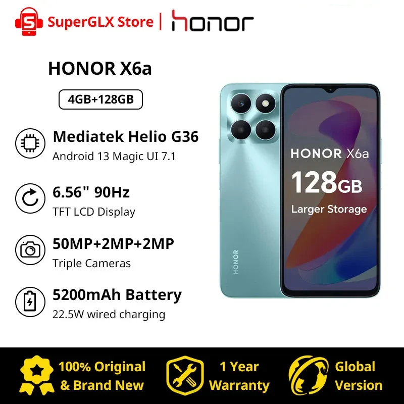 Honor-x6a versão global, 6. Tela 56 polegadas, 90hz, 4gb de ram, 128gb rom, bateria 5200mah, câmeras triplas 50mp, android 13