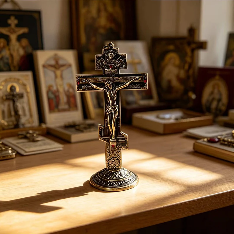 Bronzebeschichtetes Orthodoxes Stehendes Kruzifix mit Relief-Ikonen & Roten Strasssteinen für Katholische Christliche Heimaltar-Gebetsraum-Dekoration – Detail 4
