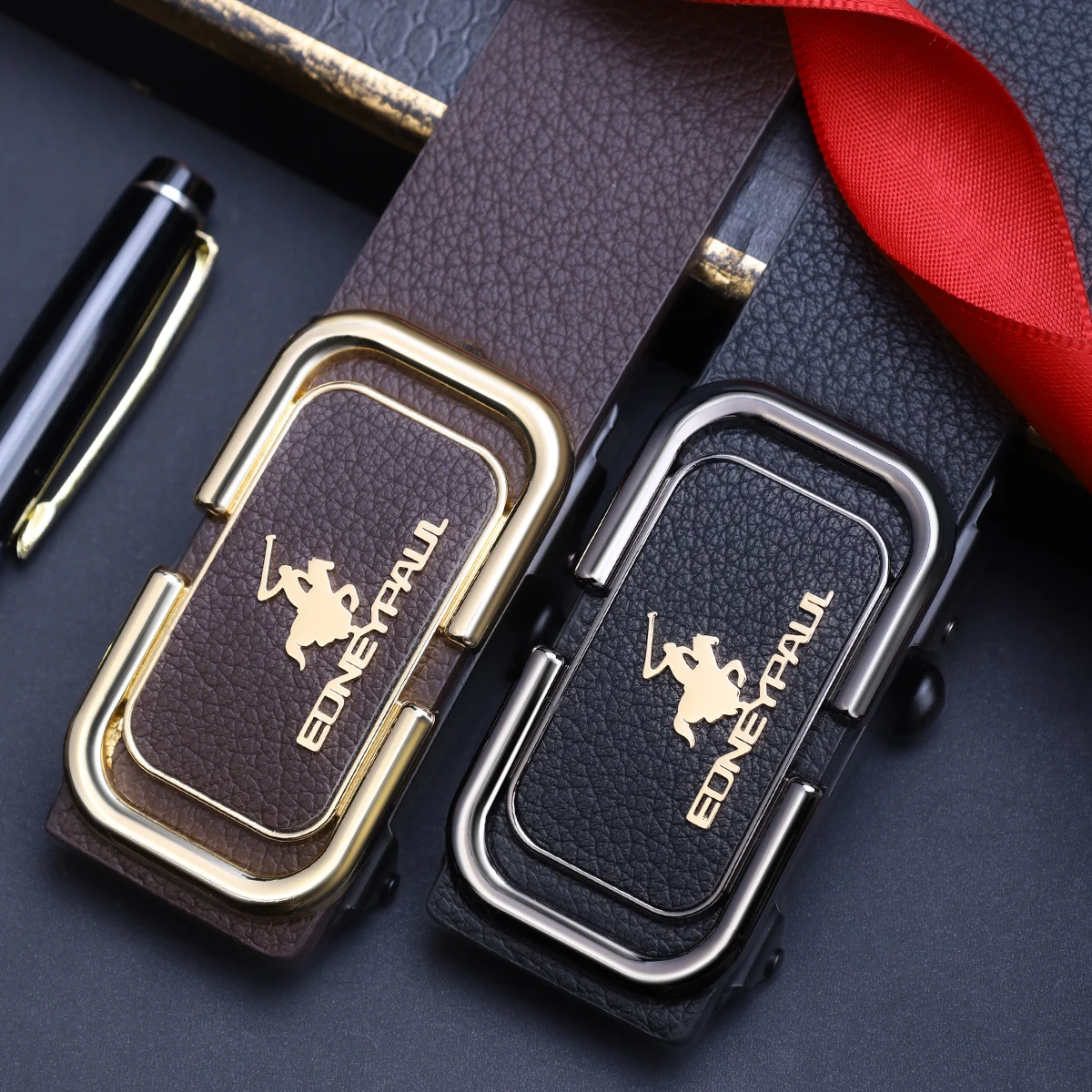 Men's Leather Belt with Metal Automatic Buckle Durable Daily Use Fashionable Work Business Belt Perfect Gift Option