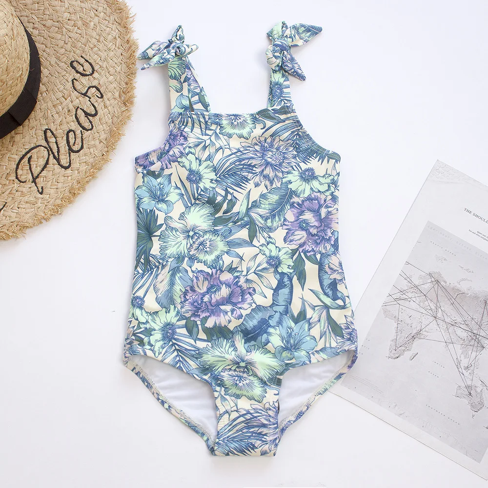 Summer Flower Print Girls Kids One Piece Swimwear Swimsuit Bow Deco Children Beach Bathing Swimming Suit Monokini