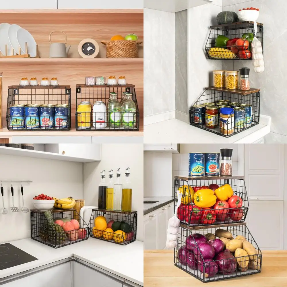 

Stackable Wall-Mounted Fruit Baskets with Wood Lid, 2-Tier Kitchen Organizer for Vegetables and Potatoes
