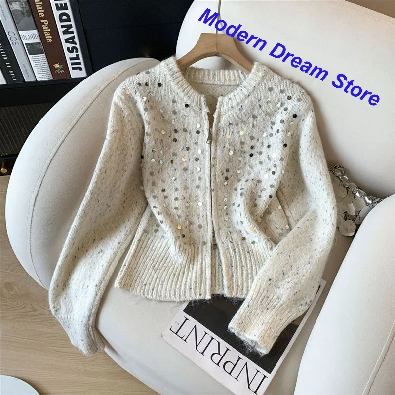 French design small fragrance double zipper short sweater coat women's spring and autumn high-grade sequined knit cardigan top