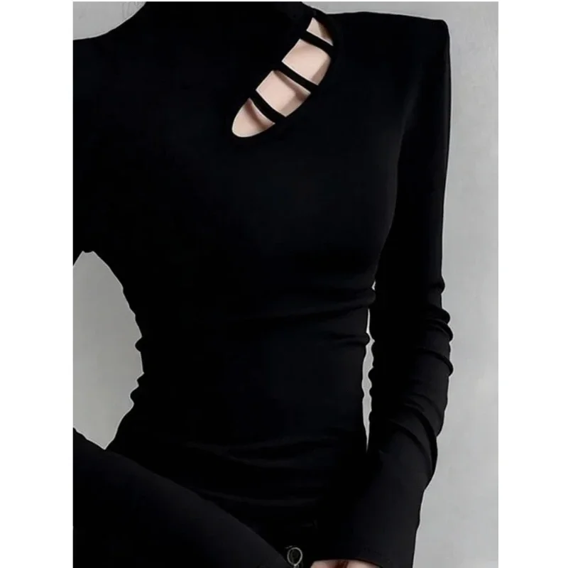 High Street Slim Hollow Out Pullovers Top Women Clothing Long Sleeve Solid All-match Sexy T Shirts Fashion Trend Spring Autumn