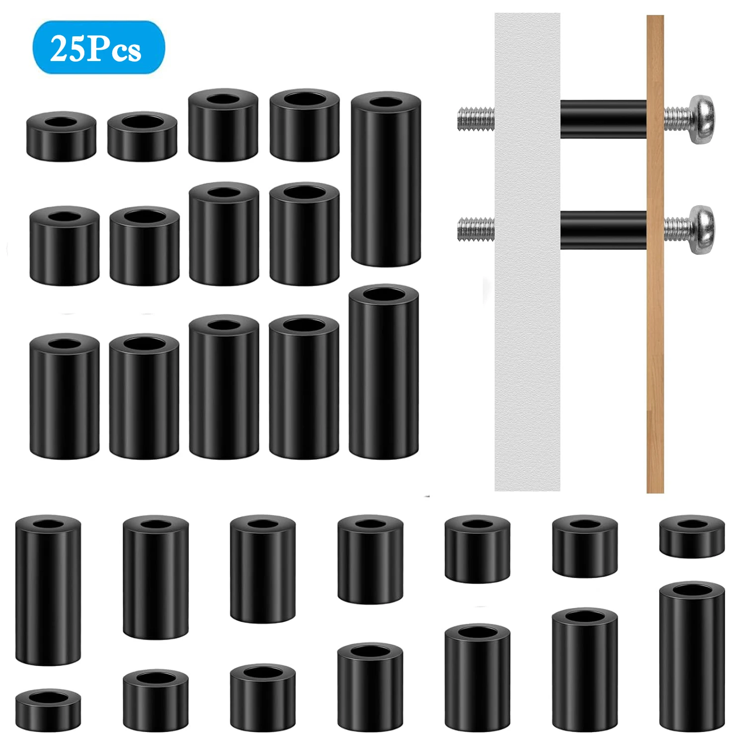 25-200Pcs M3 M4 ABS Black Round Spacer Washer, Non-Threaded Hollow Standoff for Screws, Length 2-20mm, PCB Board Spacer