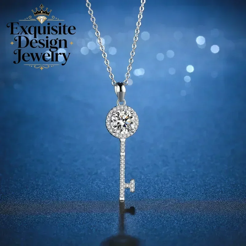Key Pendant Simple Sparkling Moissanite Diamond 0.5/1 Carat Necklaces, Luxury Platinum PT950 Chain for Girl Women Birthday Gift