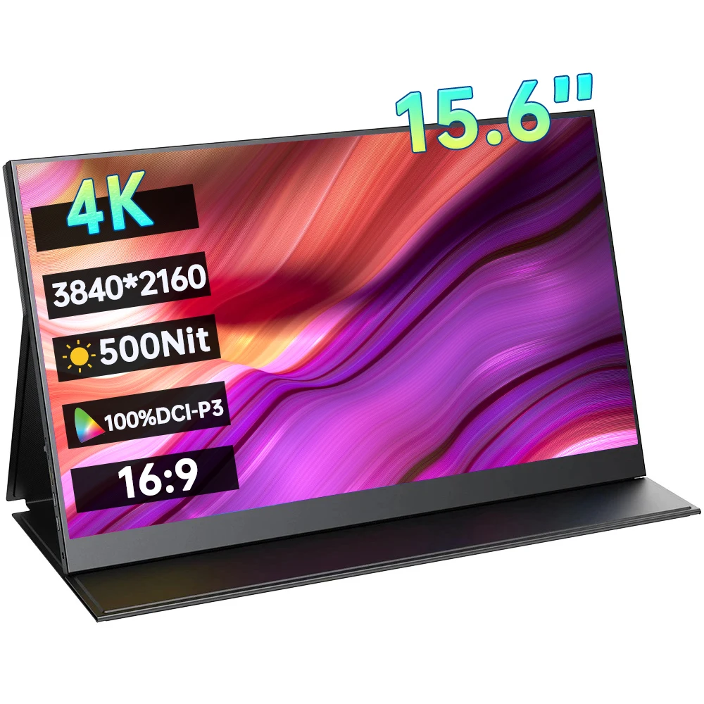 

15.6 Inch 4K Portable Monitor 3840*2160P 100%DCI-P3 500Nit 16:9 HDR 1MS FreeSync IPS Screen Game Display For PC XBox PS5 Switch