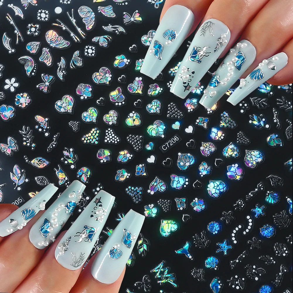 20 stks/set Laser Zilveren Vlinder Nail Art Stickers 3D Bronzing Bloem Bladeren Lijm Sliders DIY Boog Hart Manicure Decals