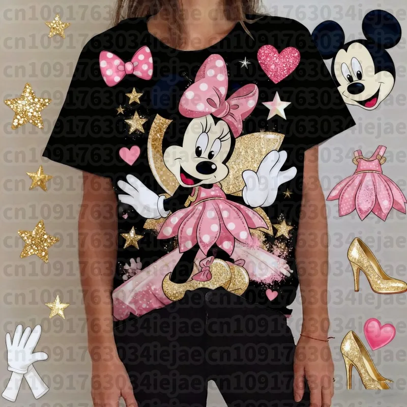 

2025 Disney Minnie Mouse Mickey Mouse Women T-shirt 3D Print Short Sleeve Summer T Shirt for Women Tops Female Clothing