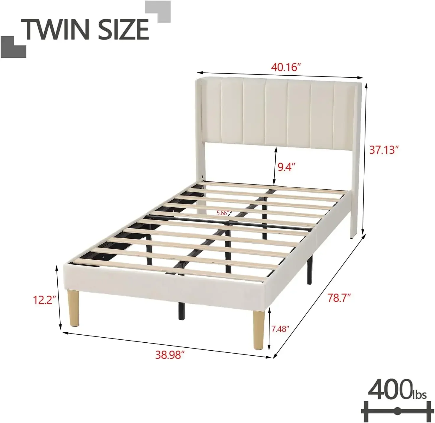 Twin Size Bed Frame with Velvet Upholstered Headboard, Beige | Velvet Platform Bed, Heavy Duty Wooden Slats Support, 7.48