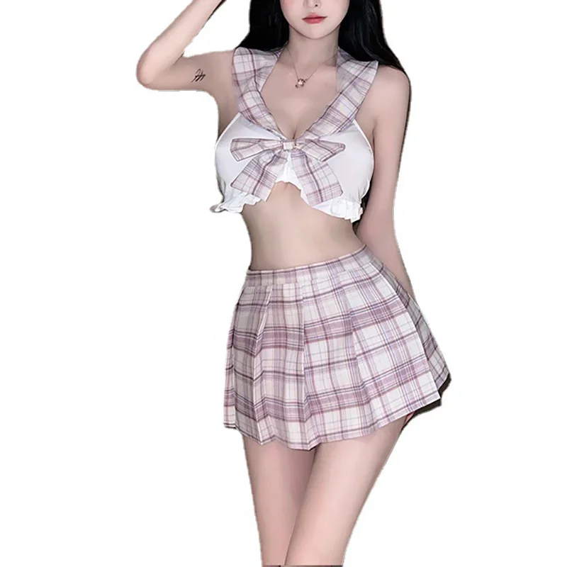 

40-100kg Large Size JK Student Uniform Cosplay Women Sexy Lingerie crop top Lattice Pleated Skirt ShirtUniform Erotic Pajamas