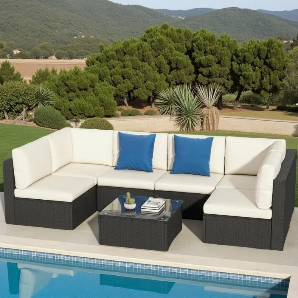 

7 Pieces Outdoor Patio Furniture Set, Sectional Sofa PE Rattan Wicker Conversation Set Outside Couch w/Table and Cushions for P